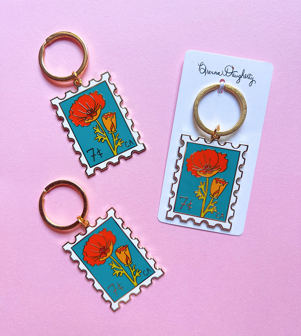 California Poppy Stamp Keychain