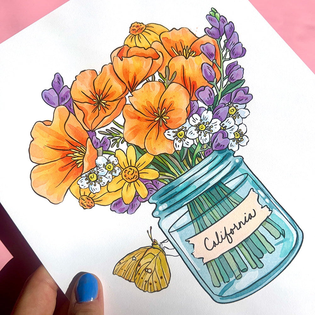 Illustration of a bouquet of flowers in a jar with 'California' written on it, held by a hand.