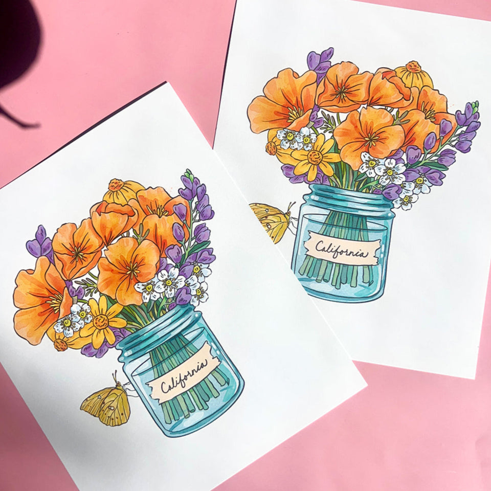 Two illustrations of floral bouquets in jars with 'California' text on a pink background.