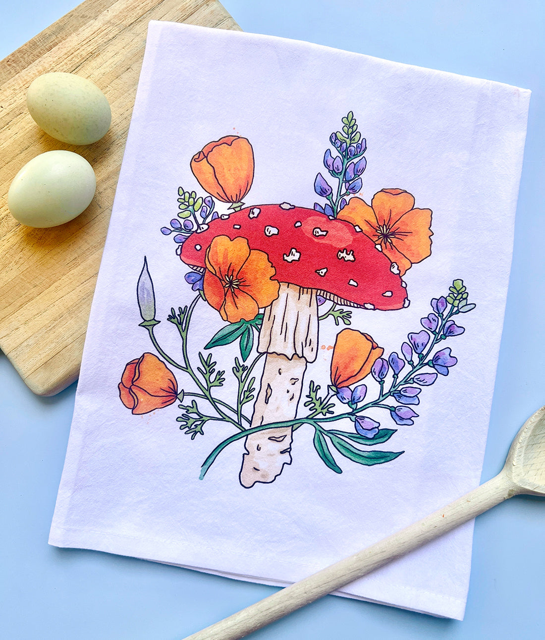 California Poppy Mushroom Tea Towel
