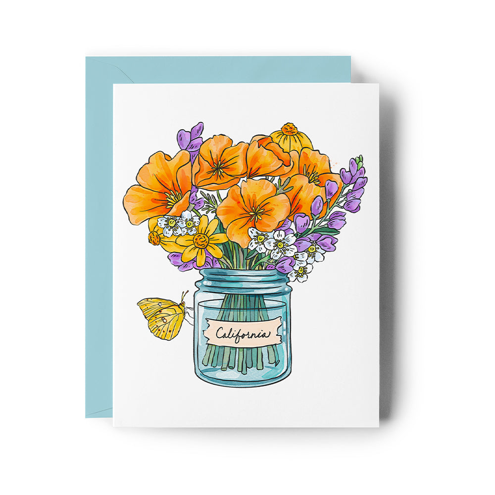 Card featuring California wildflowers in a jar with a butterfly and blue envelope.