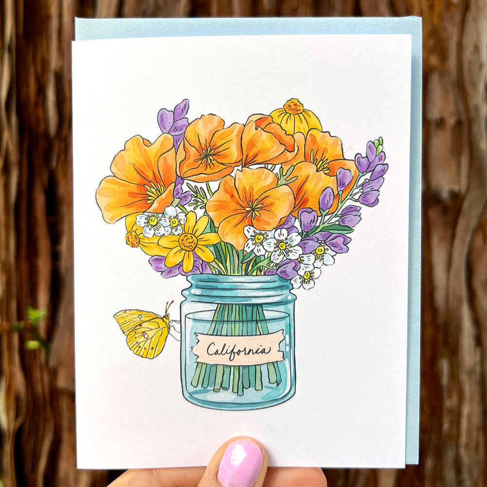 California wildflowers card featuring poppies in a jar
