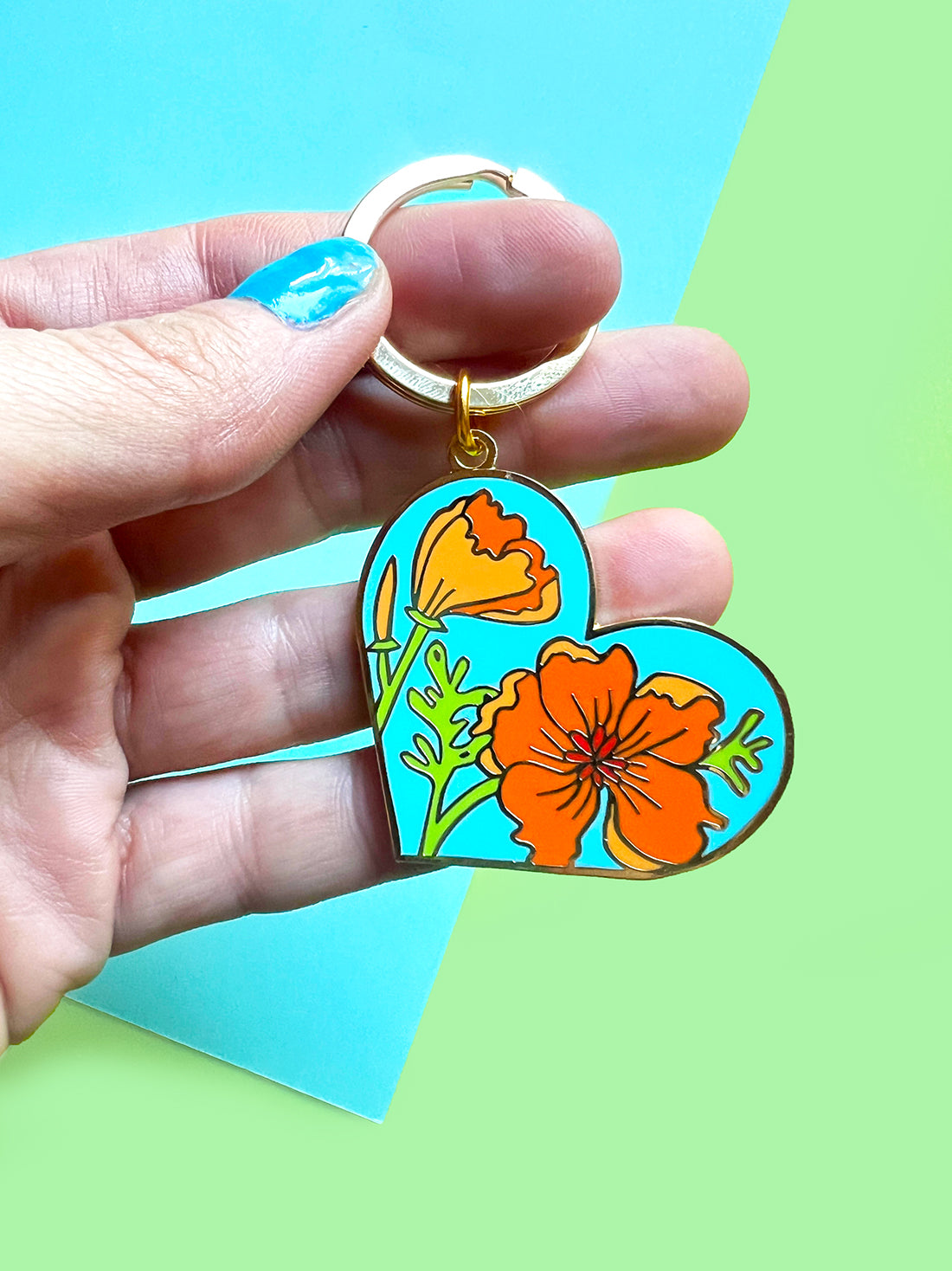 California Poppy Heart Enamel Keychain