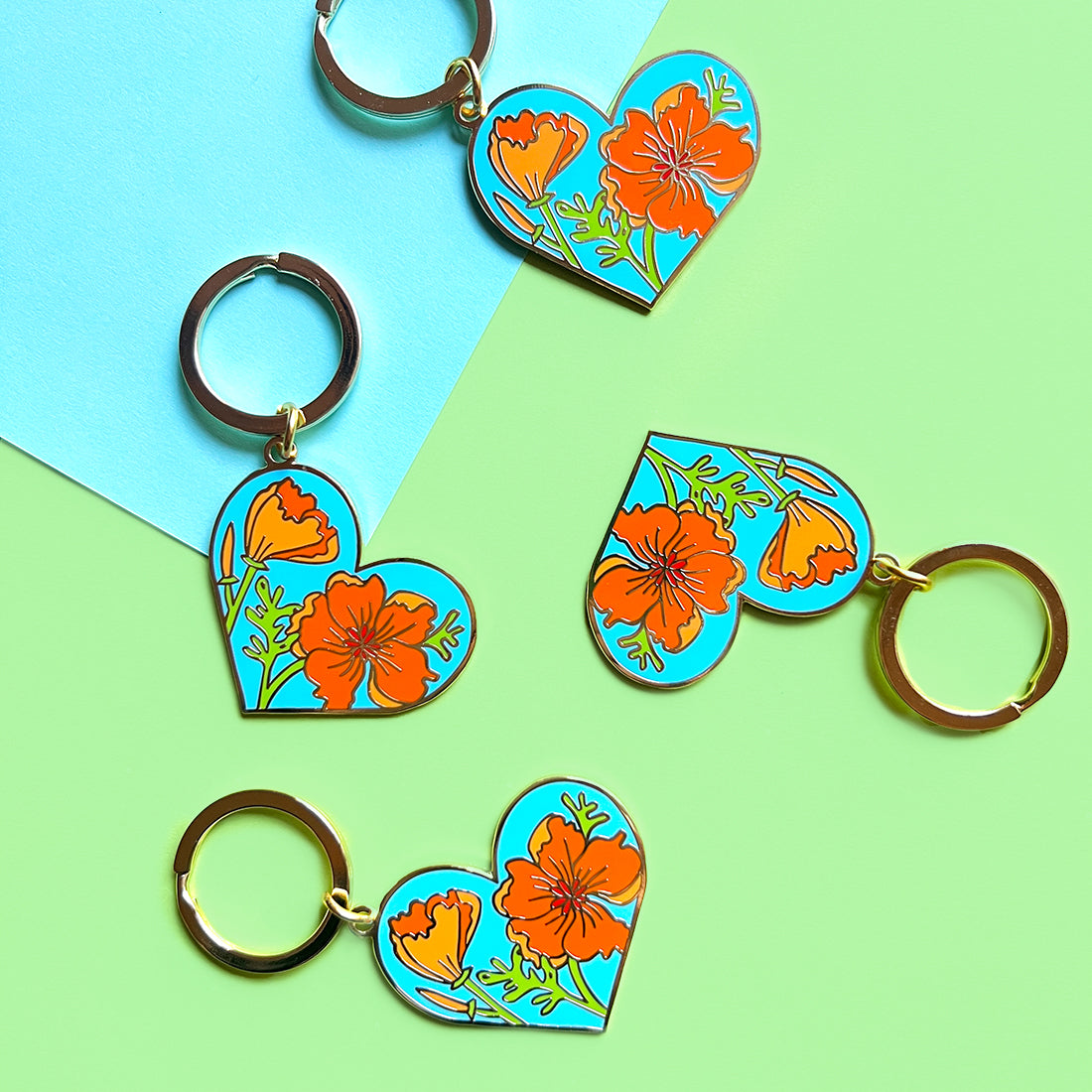 California Poppy Heart Enamel Keychain