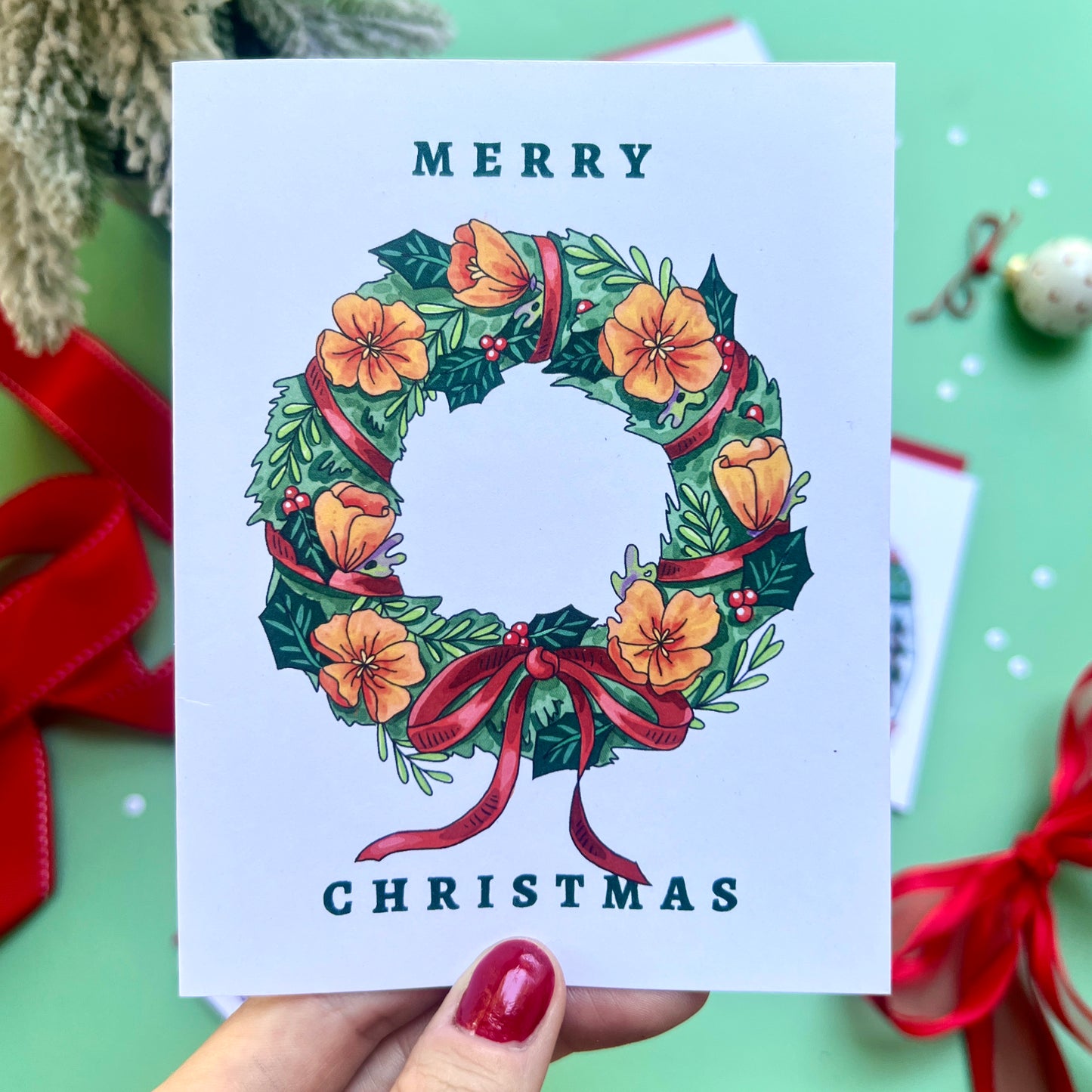 California Poppy Wreath Christmas Card