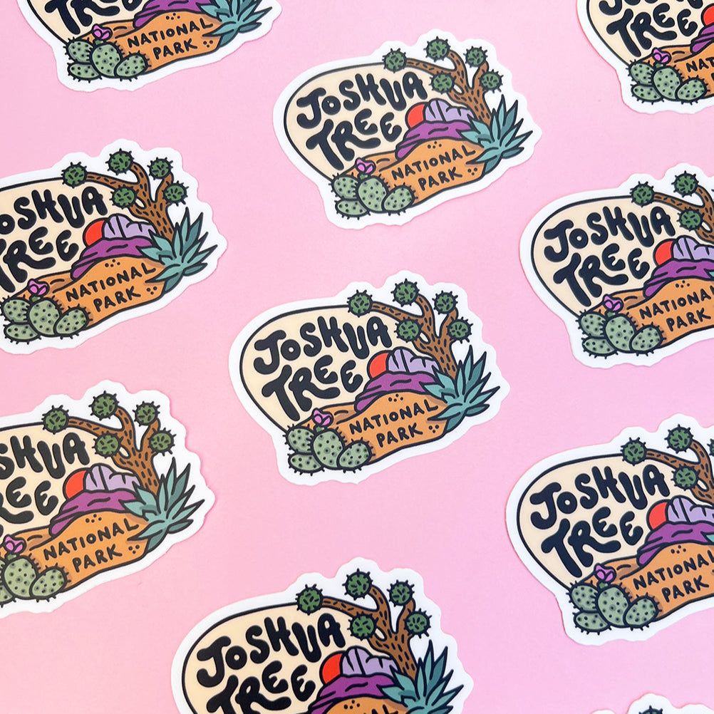 Repeating pattern of Joshua Tree National Park stickers on a pink background