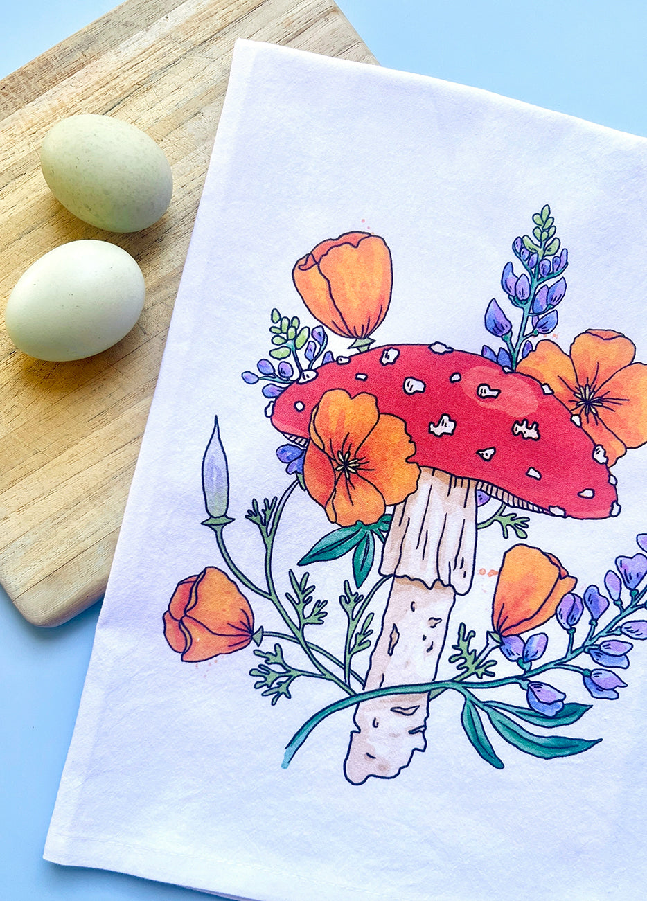 California Poppy Mushroom Tea Towel