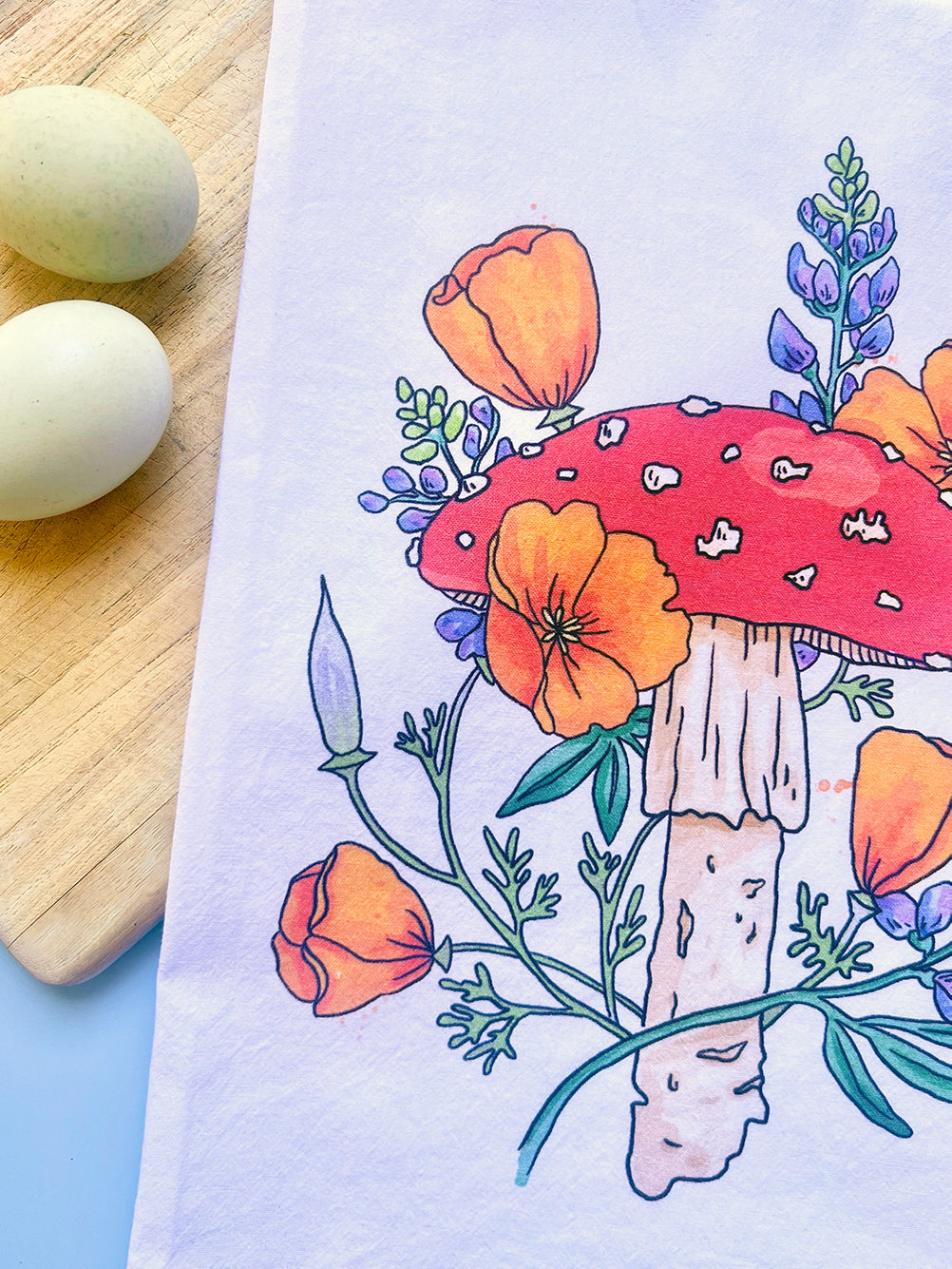 California Poppy Mushroom Tea Towel