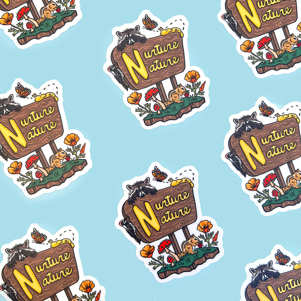 Sticker with 'Nurture Nature' text on a light blue background with more stickers.