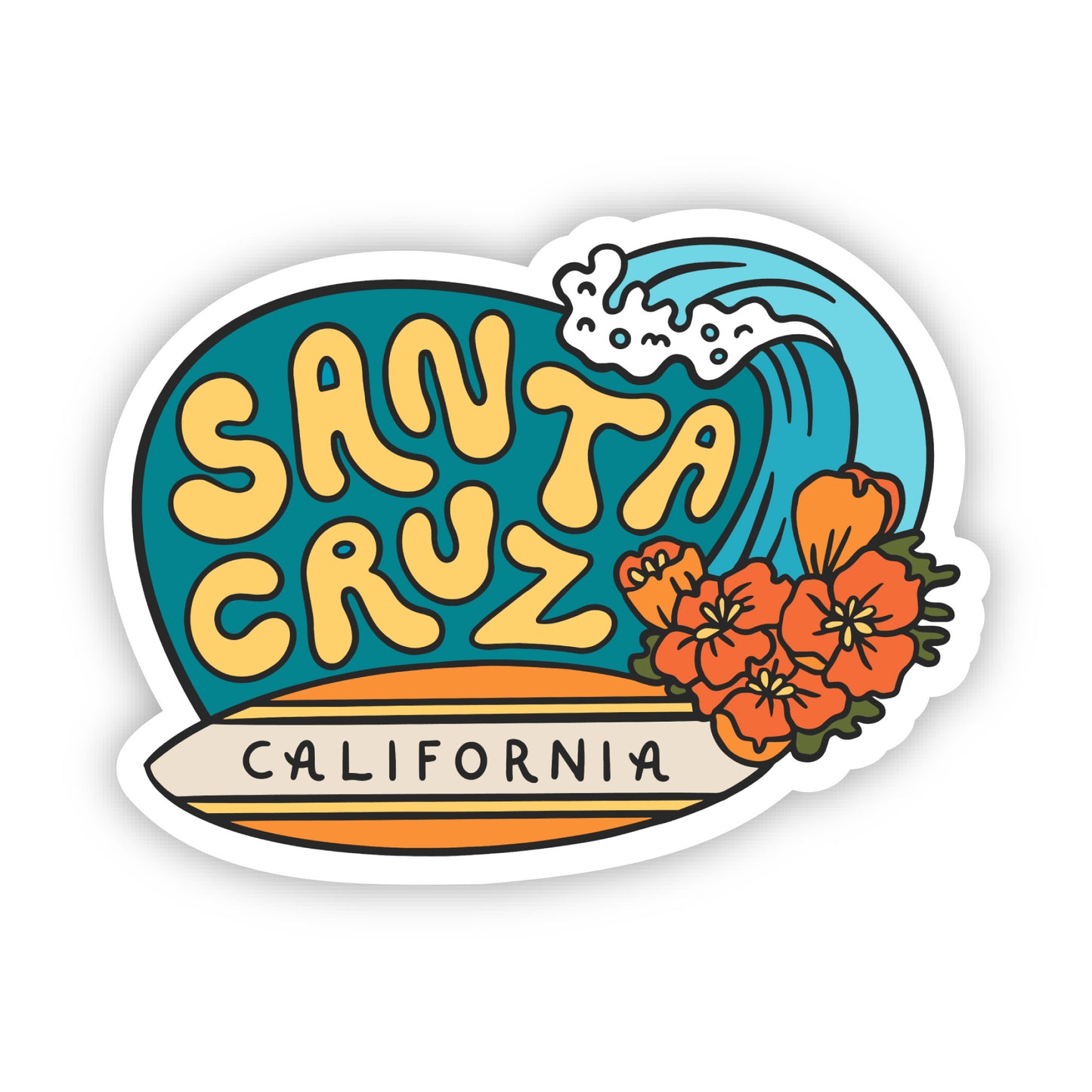 Sticker with 'Santa Cruz California' text, wave design, and poppy flowers on a white background