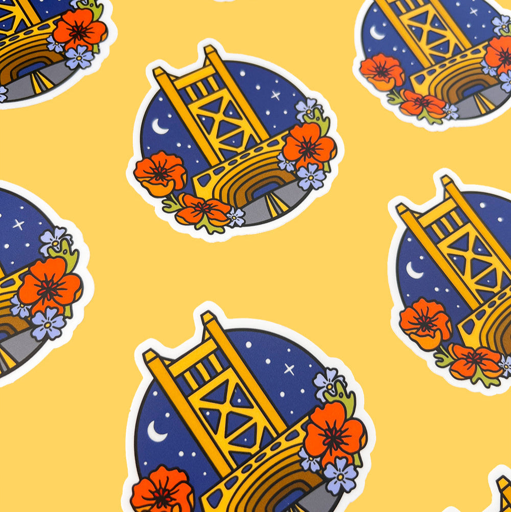 Sacramento bridge stickers with poppies on a yellow background