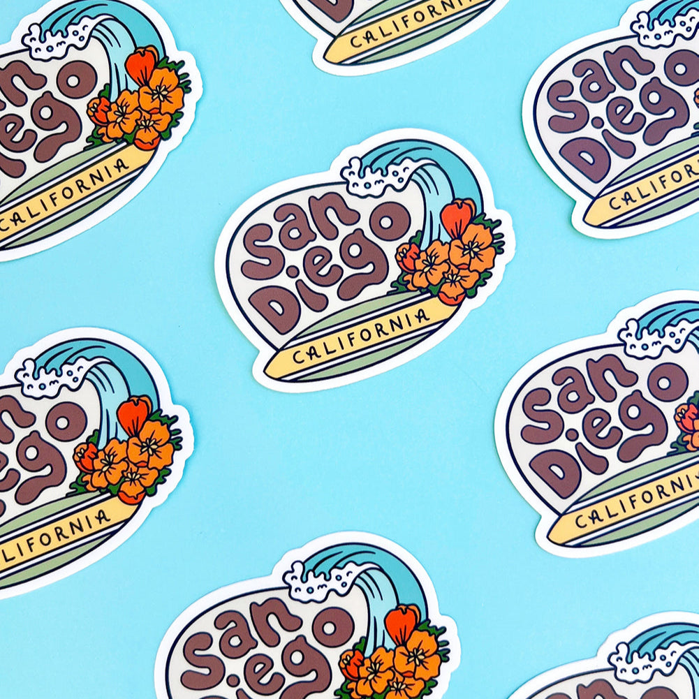 Sticker pattern with 'San Diego, California' text on a blue background