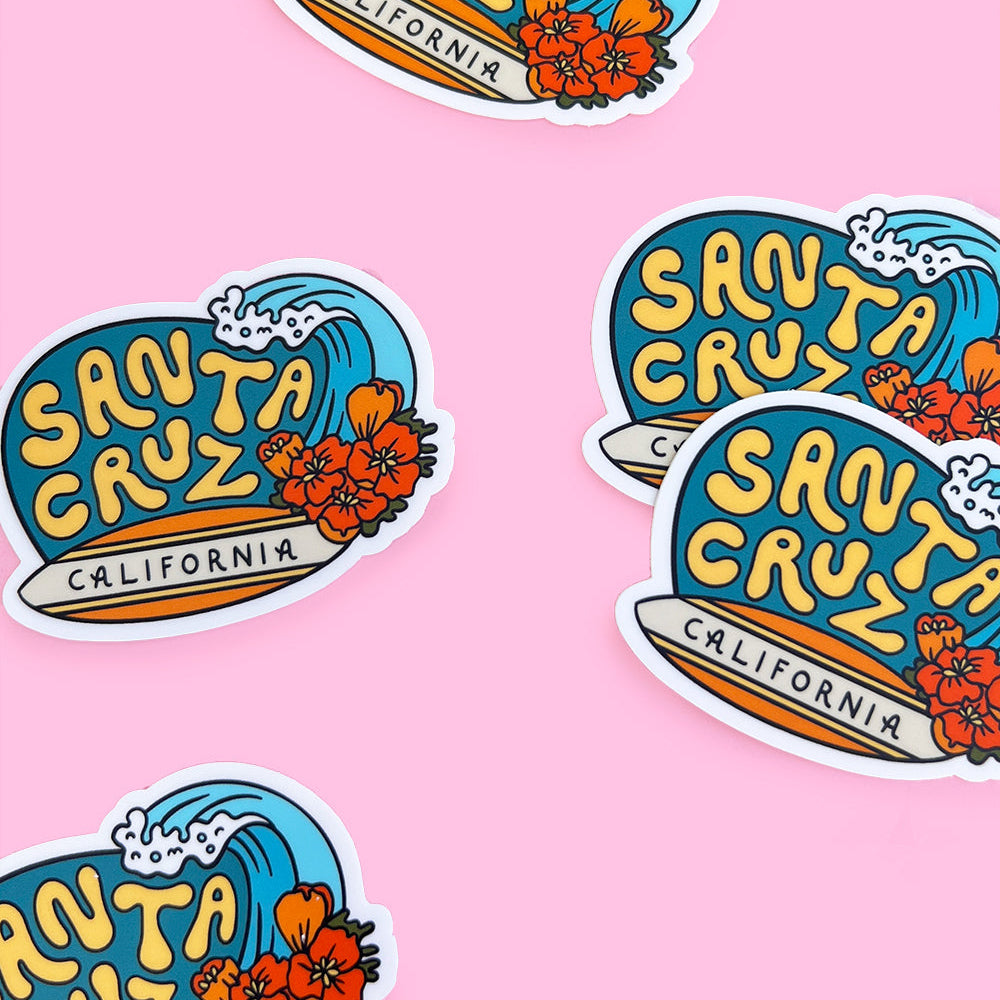 Set of Santa Cruz California stickers on a pink background
