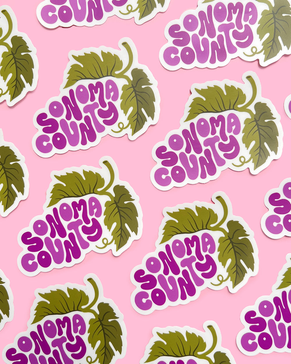 Sonoma County wine country grape stickers on pink background.