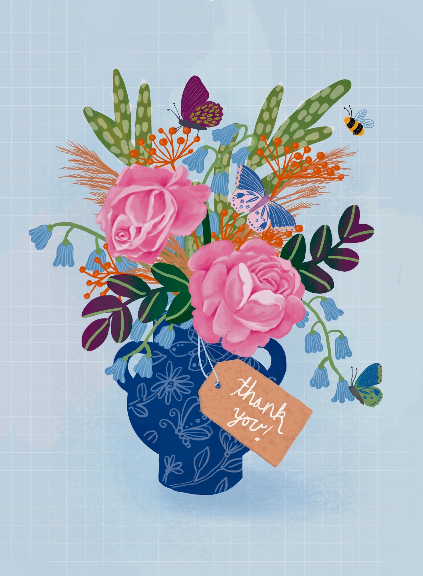 Pink & Blue Bouquet Thank You Card