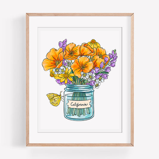Framed artwork of a bouquet of flowers in a jar labeled 'California' on a white background.