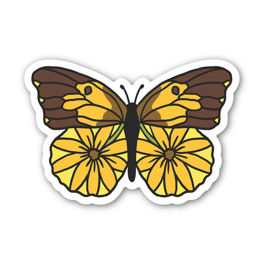Butterfly-shaped sticker with yellow and brown design on a white background