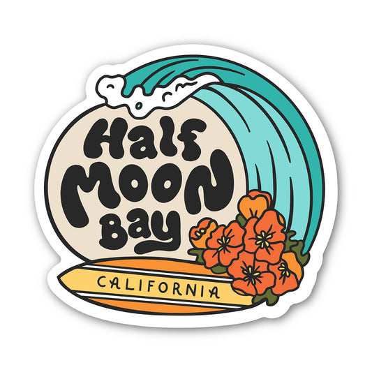 Sticker with 'Half Moon Bay, California' text, wave design, and flowers on a white background
