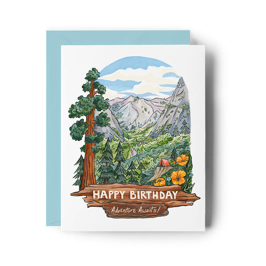 Birthday card featuring illustrated mountain scene with red tent, poppies, sequoia tree and Happy Birthday Adventure Awaits text.