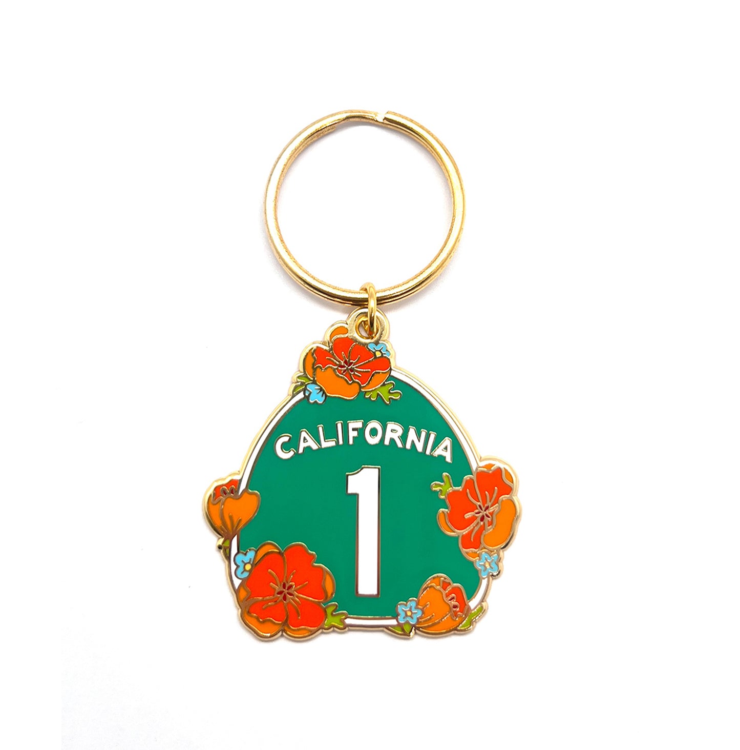 Gold hard enamel Highway 1 California poppy keychain 