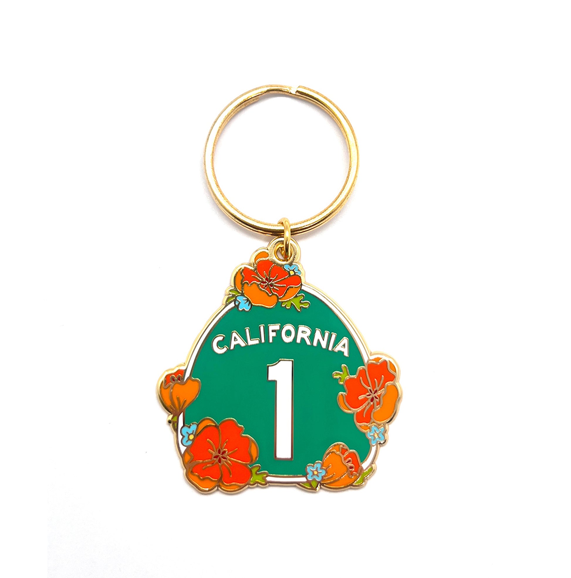 Gold hard enamel Highway 1 California poppy keychain 