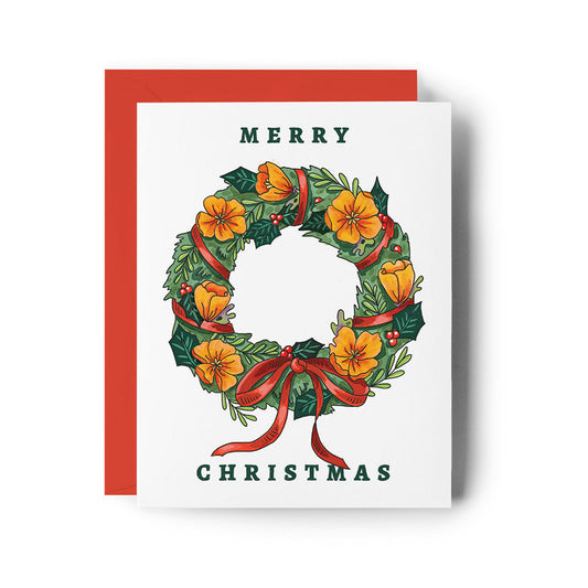 California Poppy Wreath Christmas Card