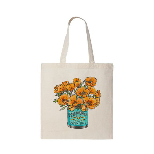 Tote bag with poppies and 'California The Golden State' design on a white background