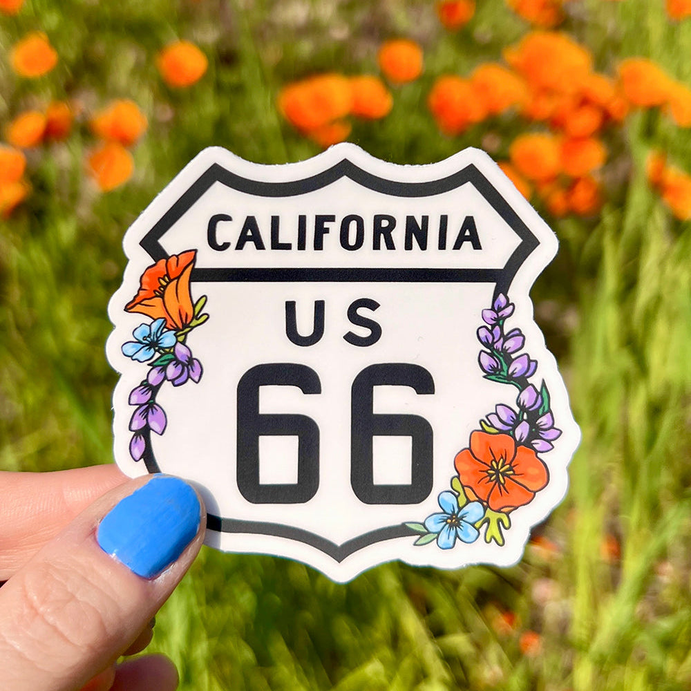 Sticker of California US 66 with floral designs held in front of orange California poppies.