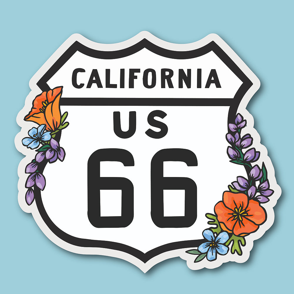 Sticker design of California US 66 with floral elements on a light blue background