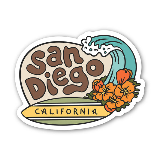 Sticker with 'San Diego California' text, wave, and flowers on a white background