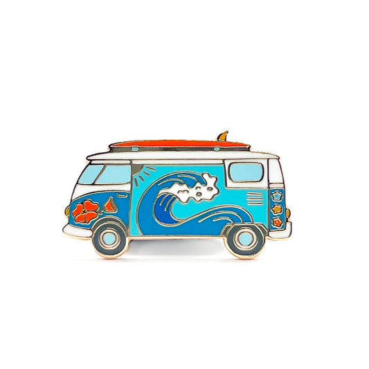 Blue and white surf van with wave design on a white background