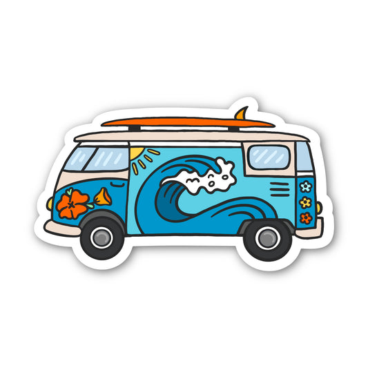 Sticker of a blue van with a surfboard on top, featuring wave and floral designs.