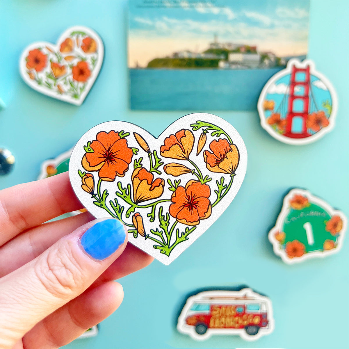 California Poppy Heart Wood Magnet